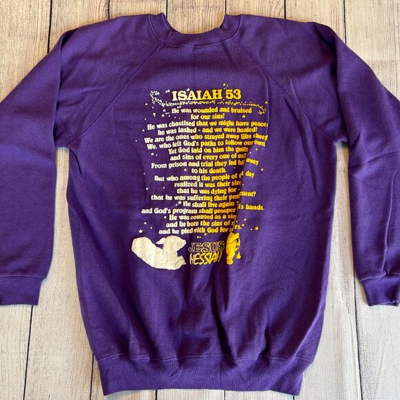 vtg 80s Jesus Messiah purple crewneck sweatshirt size L puff paint double sided - Picture 12 of 14
